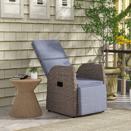 Outsunny 148° Reclining Rattan Garden Armchair, with Footrest - Brown/Grey