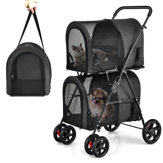 Double Pet Stroller with 2 Detachable Carriers and Cushions-Black