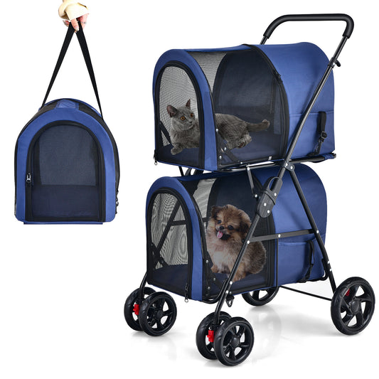 Double Pet Stroller with 2 Detachable Carriers and Cushions-Navy