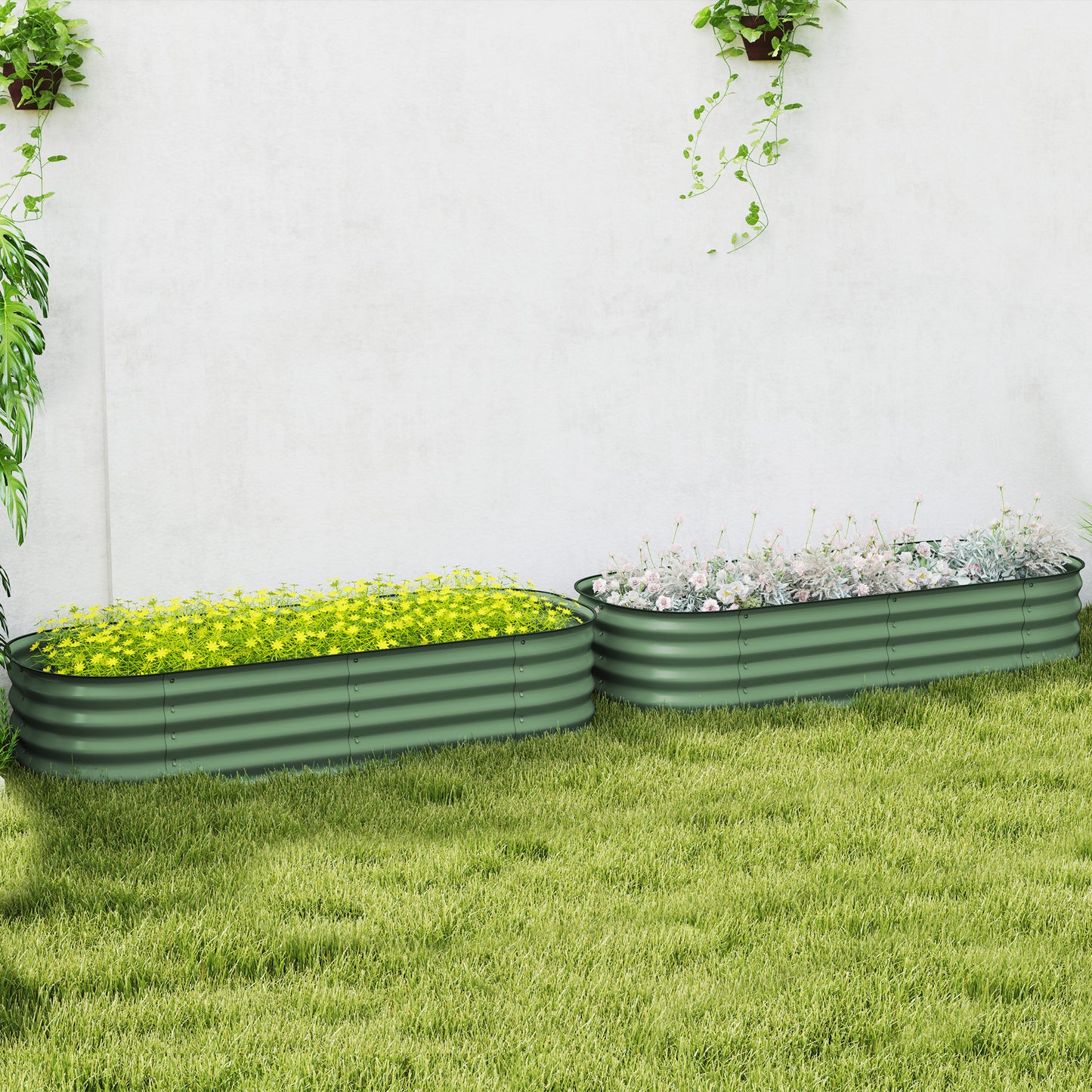 Outsunny Galvanised Raised Garden Bed, Metal Planter Box with Safety Edging, for Flowers, Herbs, Succulents, Pack of 2, Green