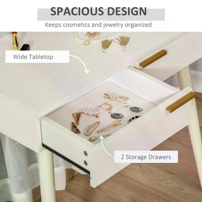 HOMCOM Modern Dressing Table with Round Mirror, Makeup Vanity Table with 2 Drawers for Bedroom, Living Room, White