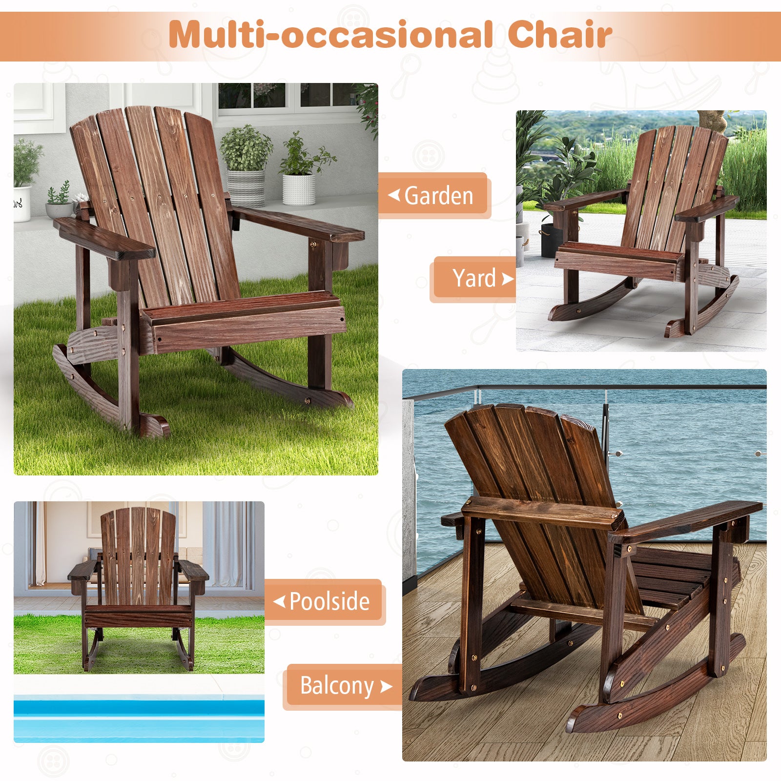 Patio Adirondack Rocking Chair with High Backrest-Coffee