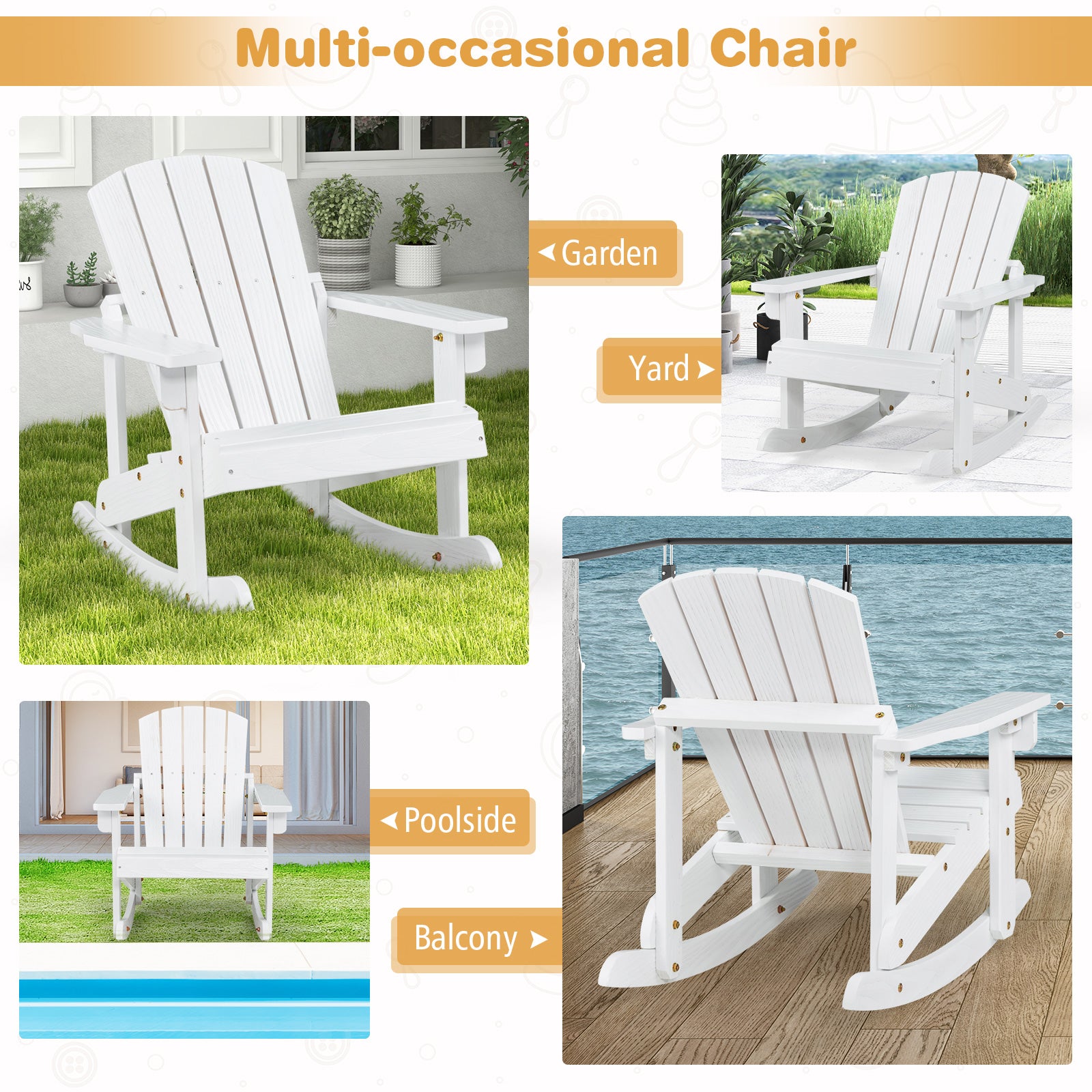 Patio Adirondack Rocking Chair with High Backrest-White