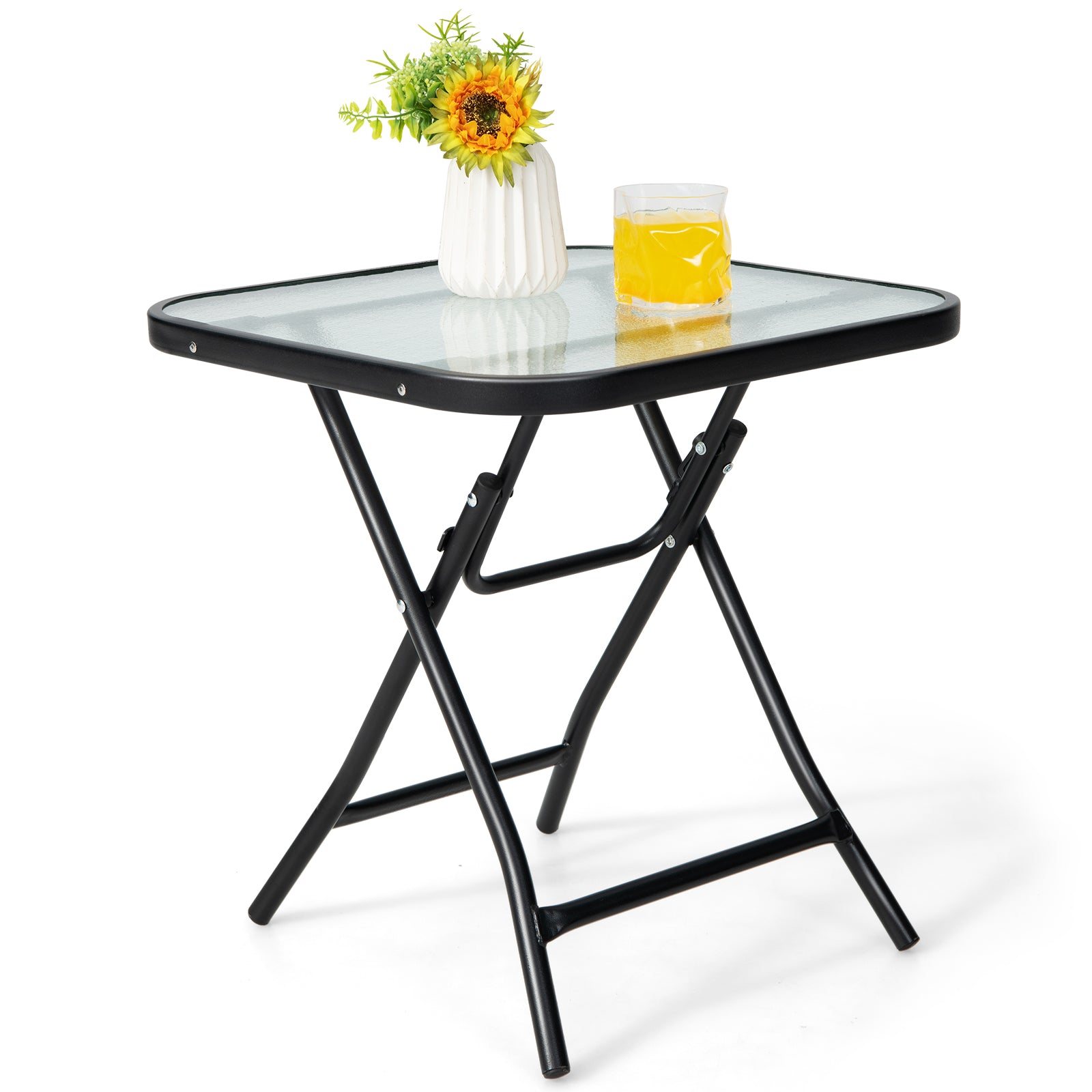 Patio Bistro Table Square Glass Side Table with Rustproof Frame