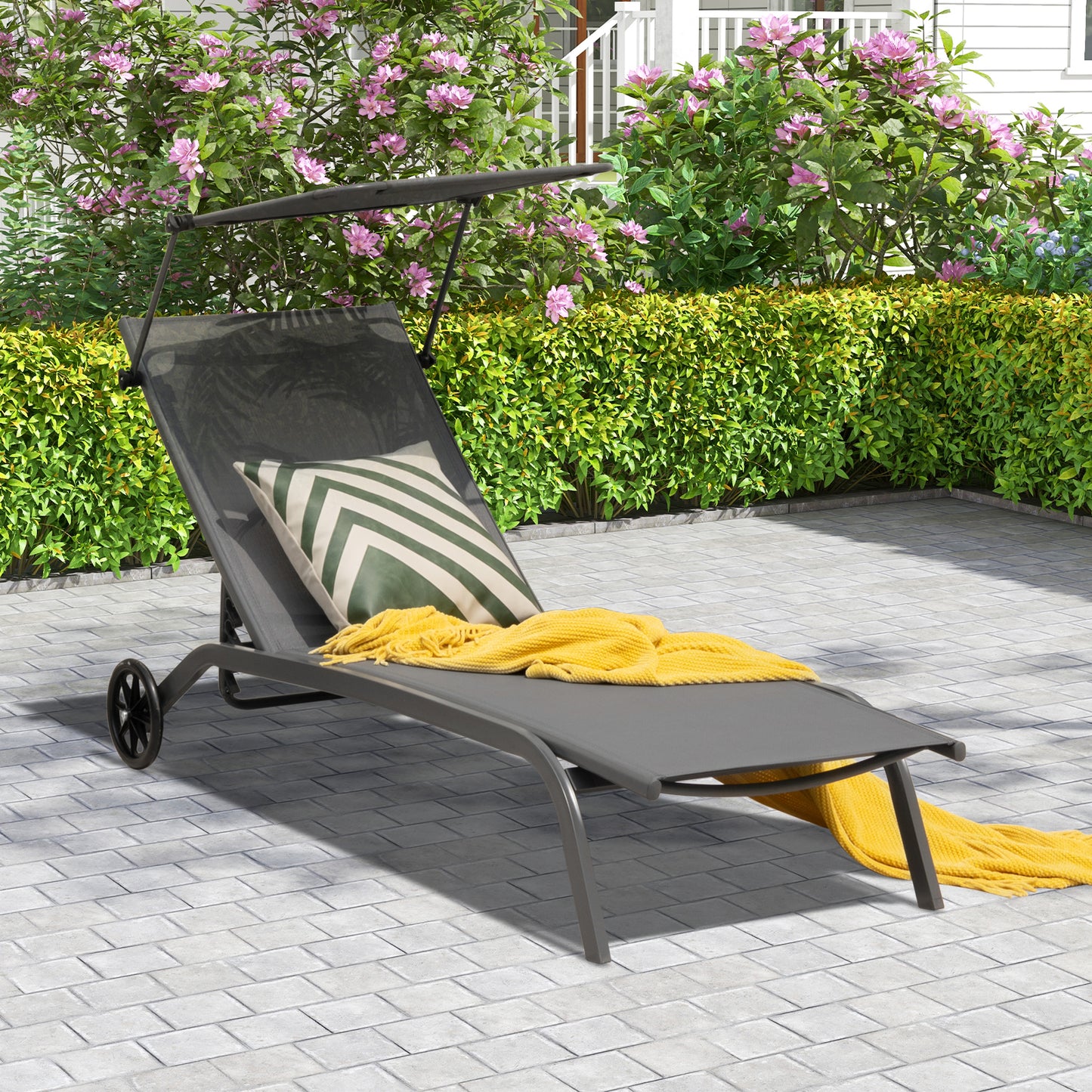 Patio Chaise Lounge Chair with Wheels and Adjustable Canopy-Grey