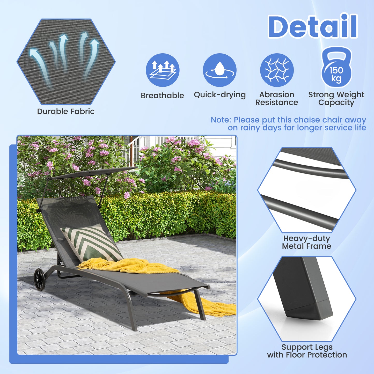 Patio Chaise Lounge Chair with Wheels and Adjustable Canopy-Grey