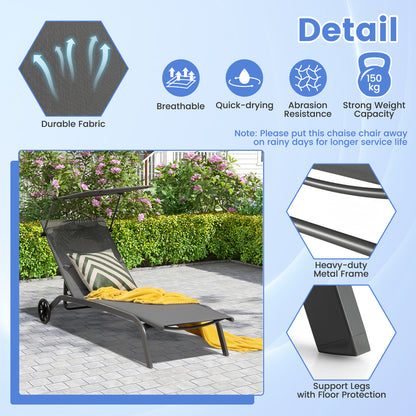Patio Chaise Lounge Chair with Wheels and Adjustable Canopy-Grey