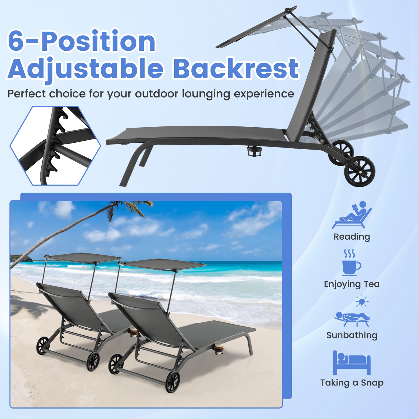 Patio Chaise Lounge Chair with Wheels and Adjustable Canopy-Grey