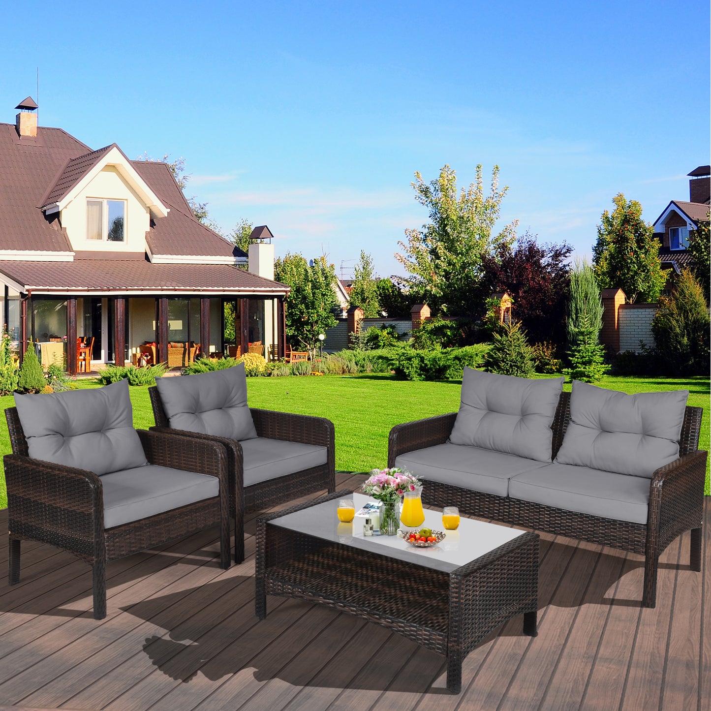 4 Pieces PE Rattan Patio Conversation Set-Grey