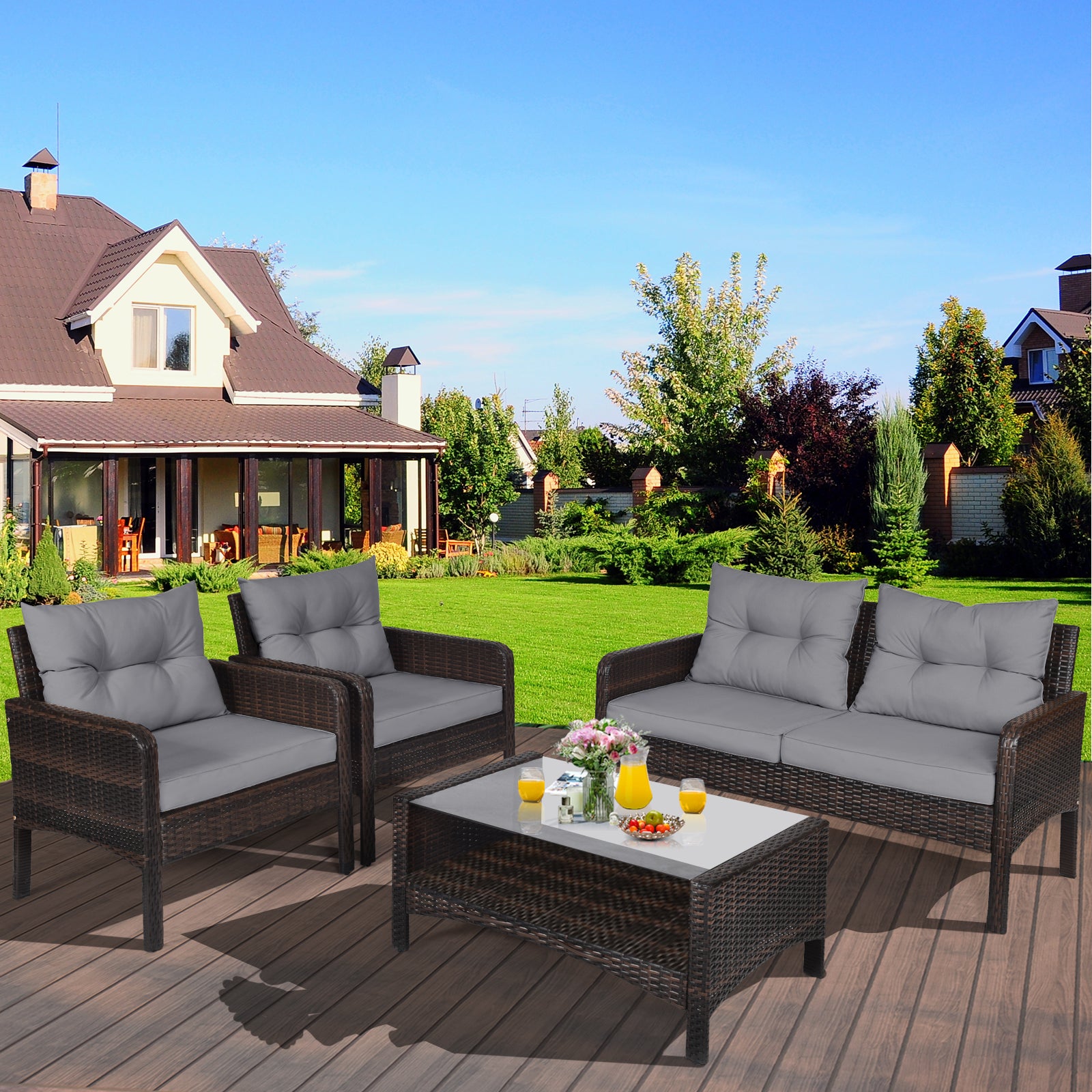 4 Pieces PE Rattan Patio Conversation Set-Grey