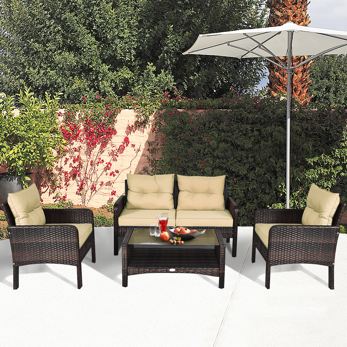4 Pieces PE Rattan Patio Conversation Set-Yellow