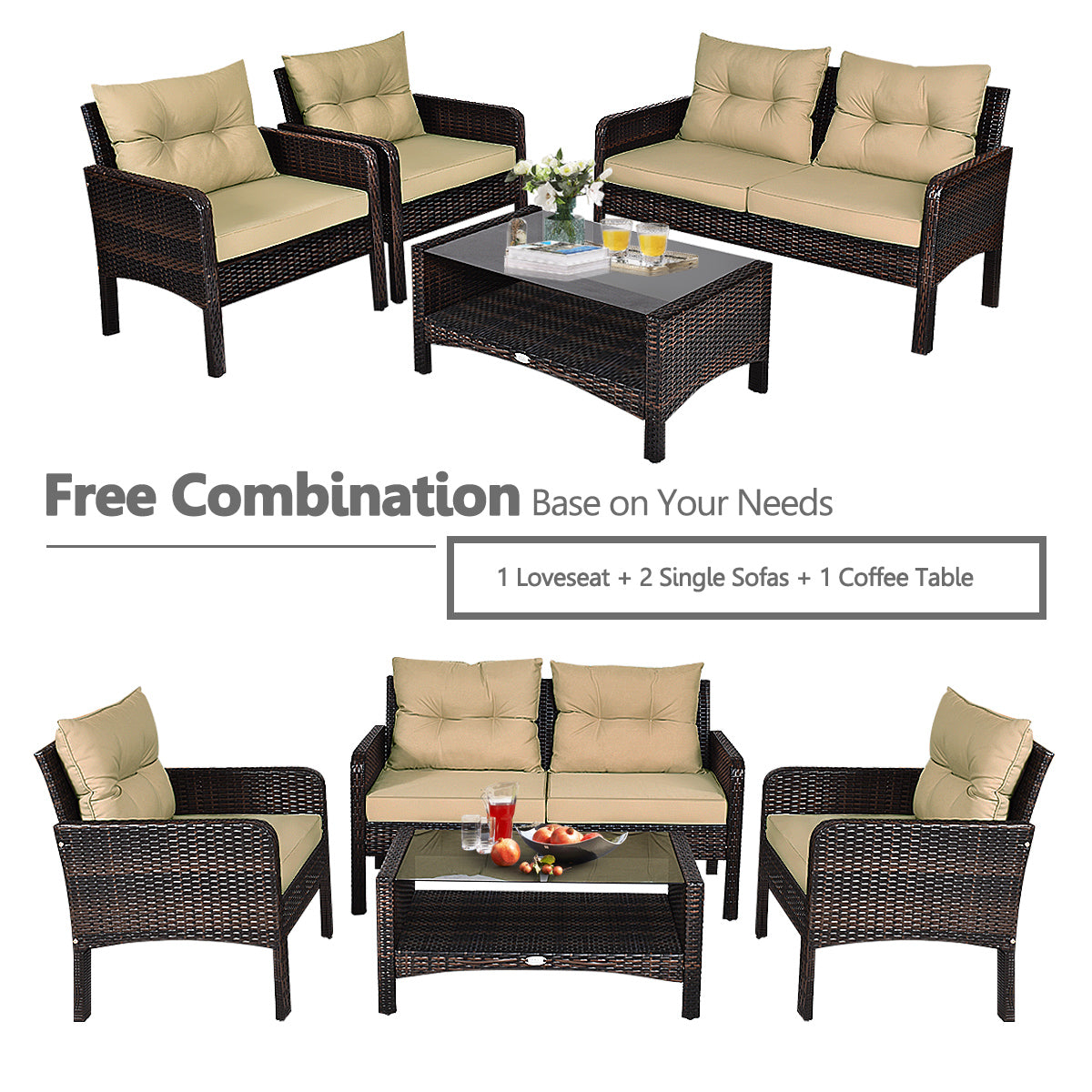 4 Pieces PE Rattan Patio Conversation Set-Yellow