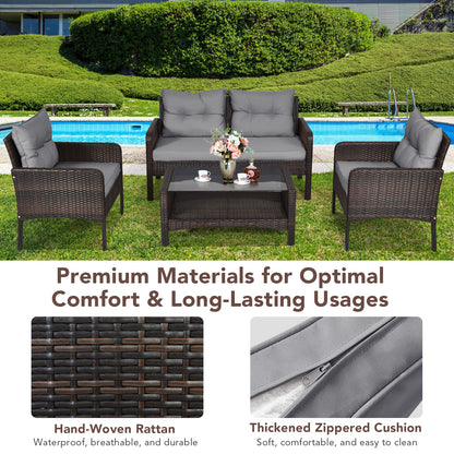 4 Pieces PE Rattan Patio Conversation Set-Grey