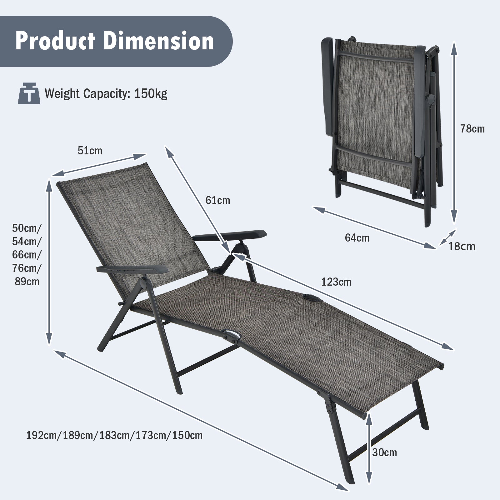 Patio Foldable Chaise Lounge Chair Reclining with Adjustable Backrest-Grey-2 Pack