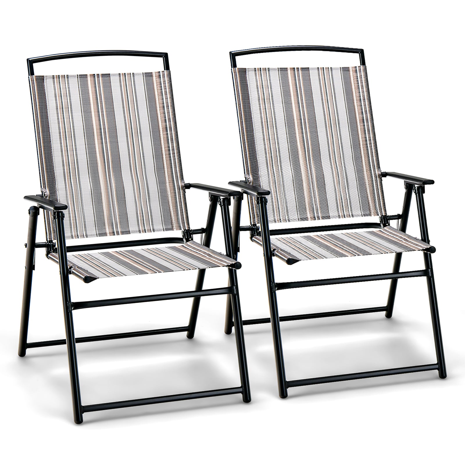 Patio Folding Chairs Set of 2 with Metal Frame and Armrest-Grey