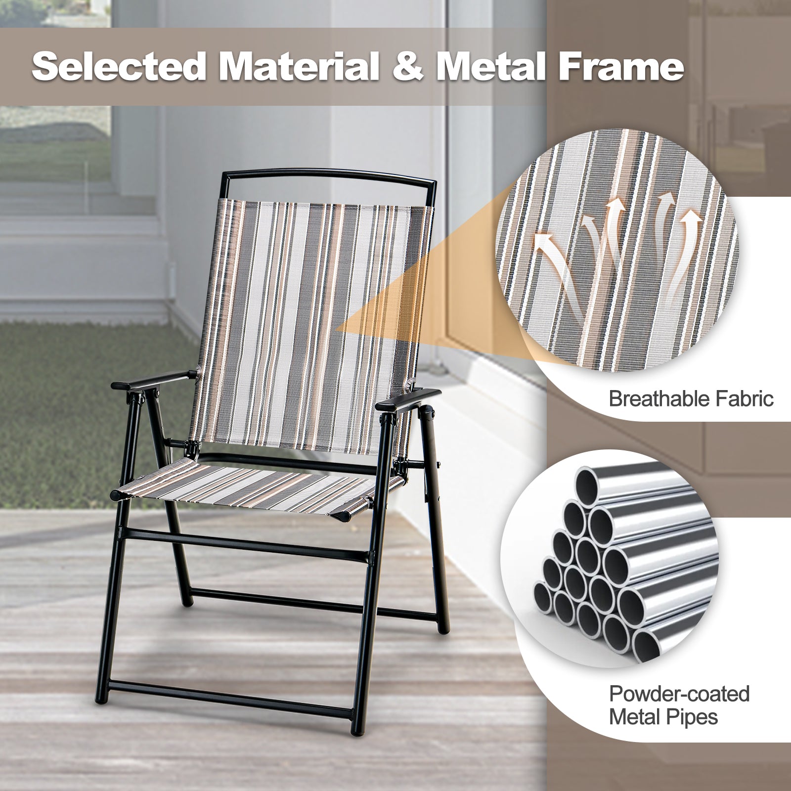 Patio Folding Chairs Set of 2 with Metal Frame and Armrest-Grey