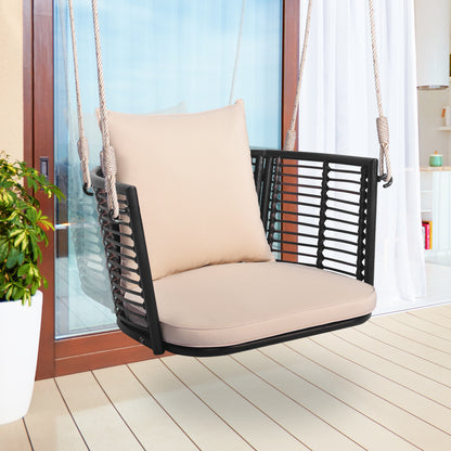 Patio Hanging Rattan Basket Chair Swing Hammock Chair with Cushions-Brown