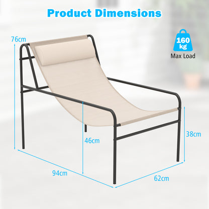 Patio Sling Lounge Chair wth Removable Headrest Pillow-Beige