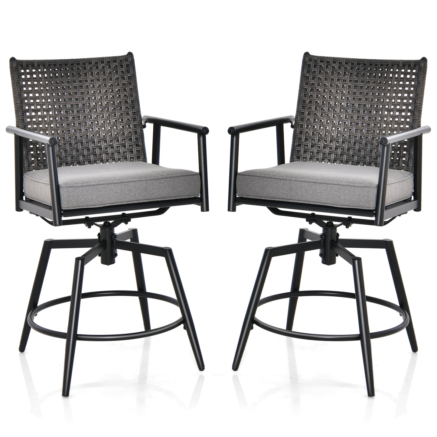 Patio Swivel Bar Stools Set of 2 with PE Rattan Back and Metal Frame-Black