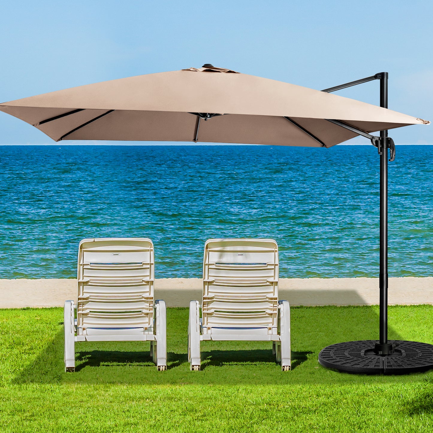 Patio Umbrella Square Offset with Cross Base and Tilt Adjustable-Coffee