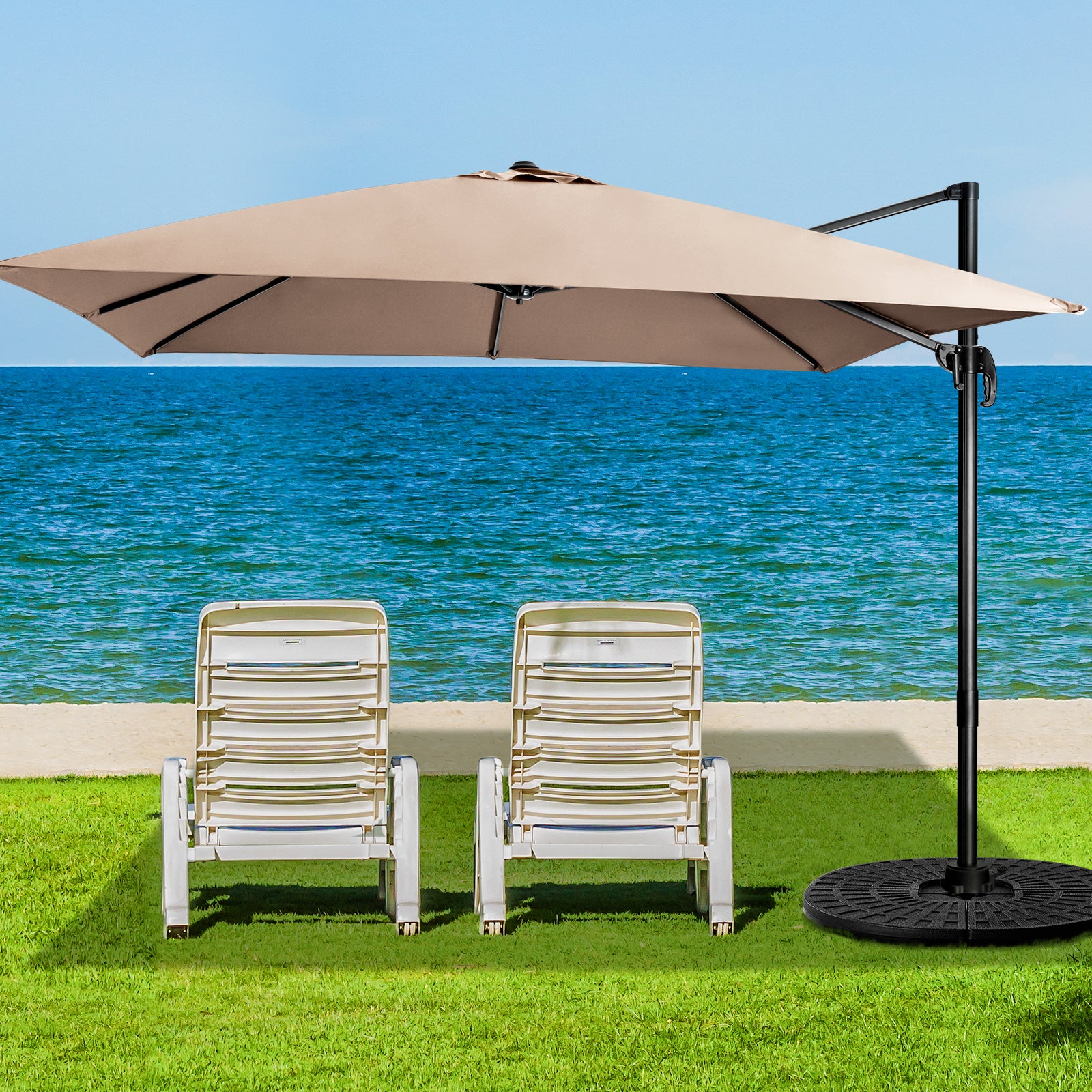 Patio Umbrella Square Offset with Cross Base and Tilt Adjustable-Coffee