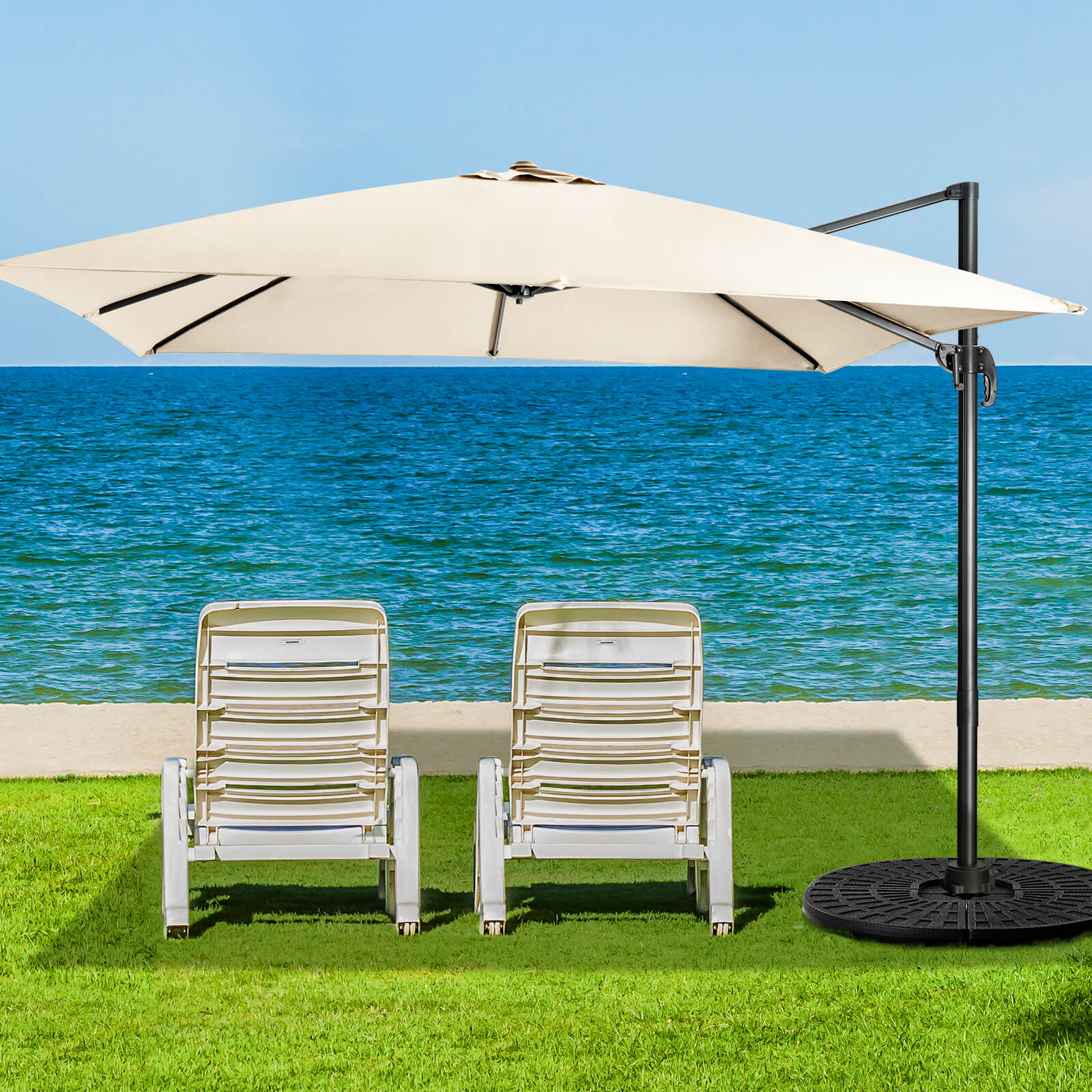 Patio Umbrella Square Offset with Cross Base and Tilt Adjustable-Beige