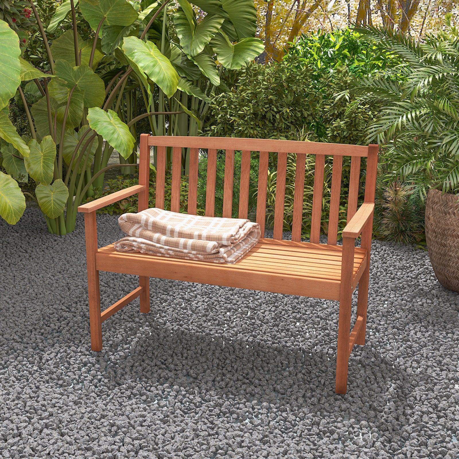 Patio Wood Bench with Cozy Armrests and Backrest