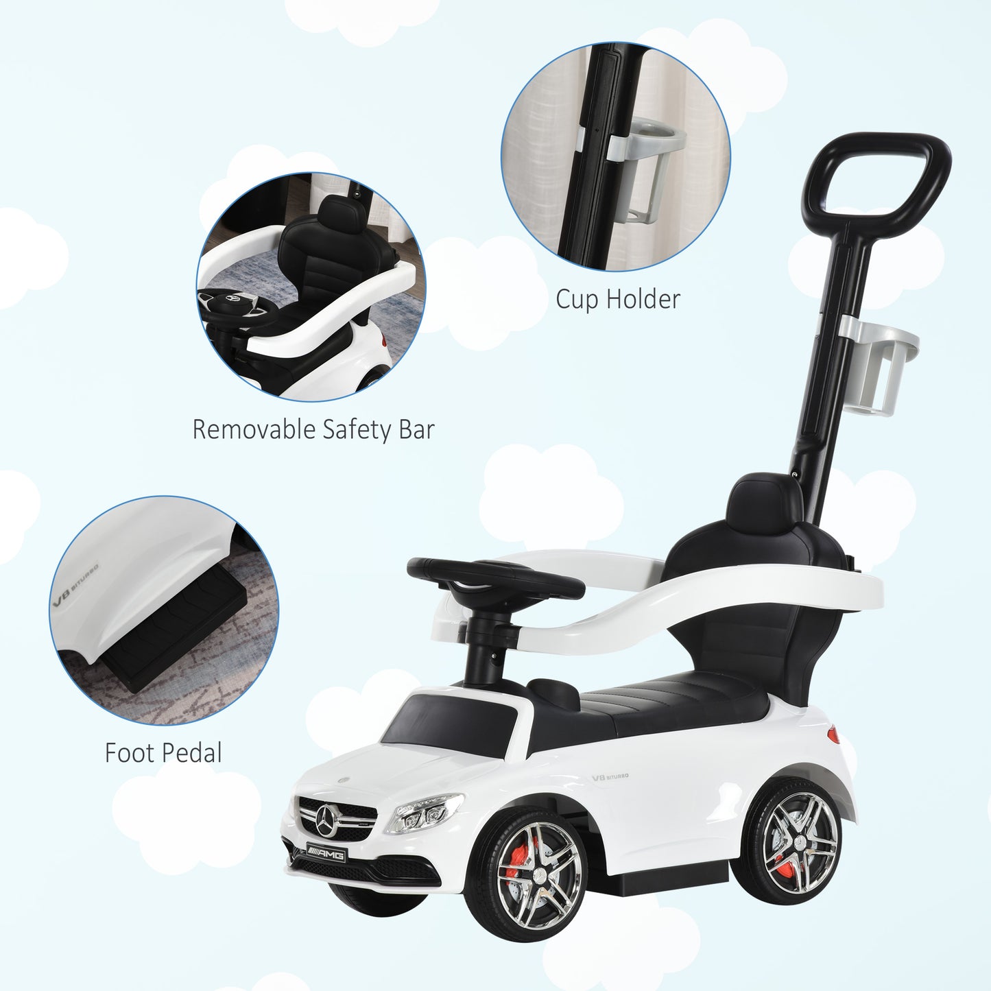 HOMCOM Toddlers Push Along Car Licensed PP Mercedes-Benz Ride On Stroller White