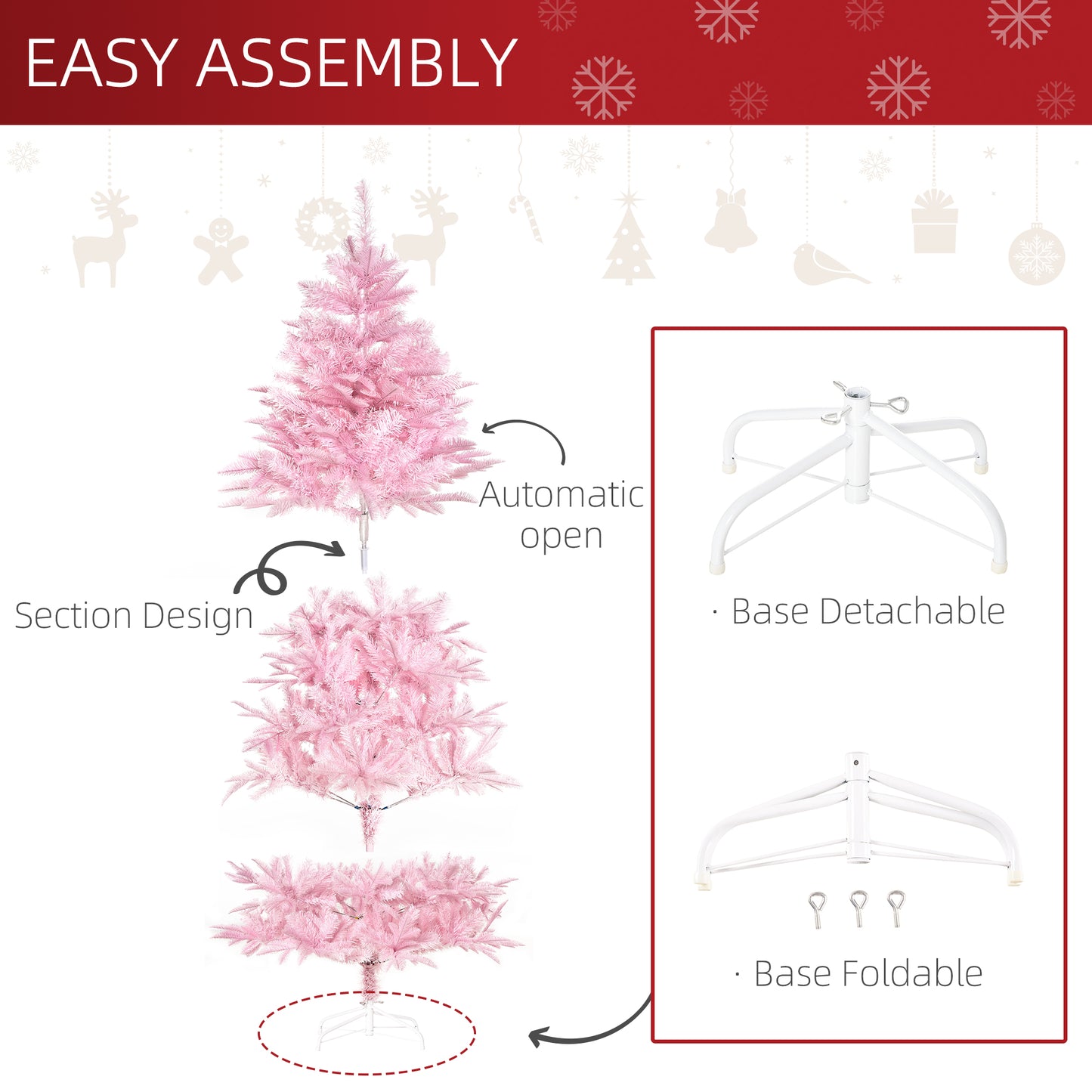 HOMCOM 6FT Pop-up Artificial Christmas Tree Holiday Xmas Holiday Tree Decoration with Automatic Open for Home Party, Pink