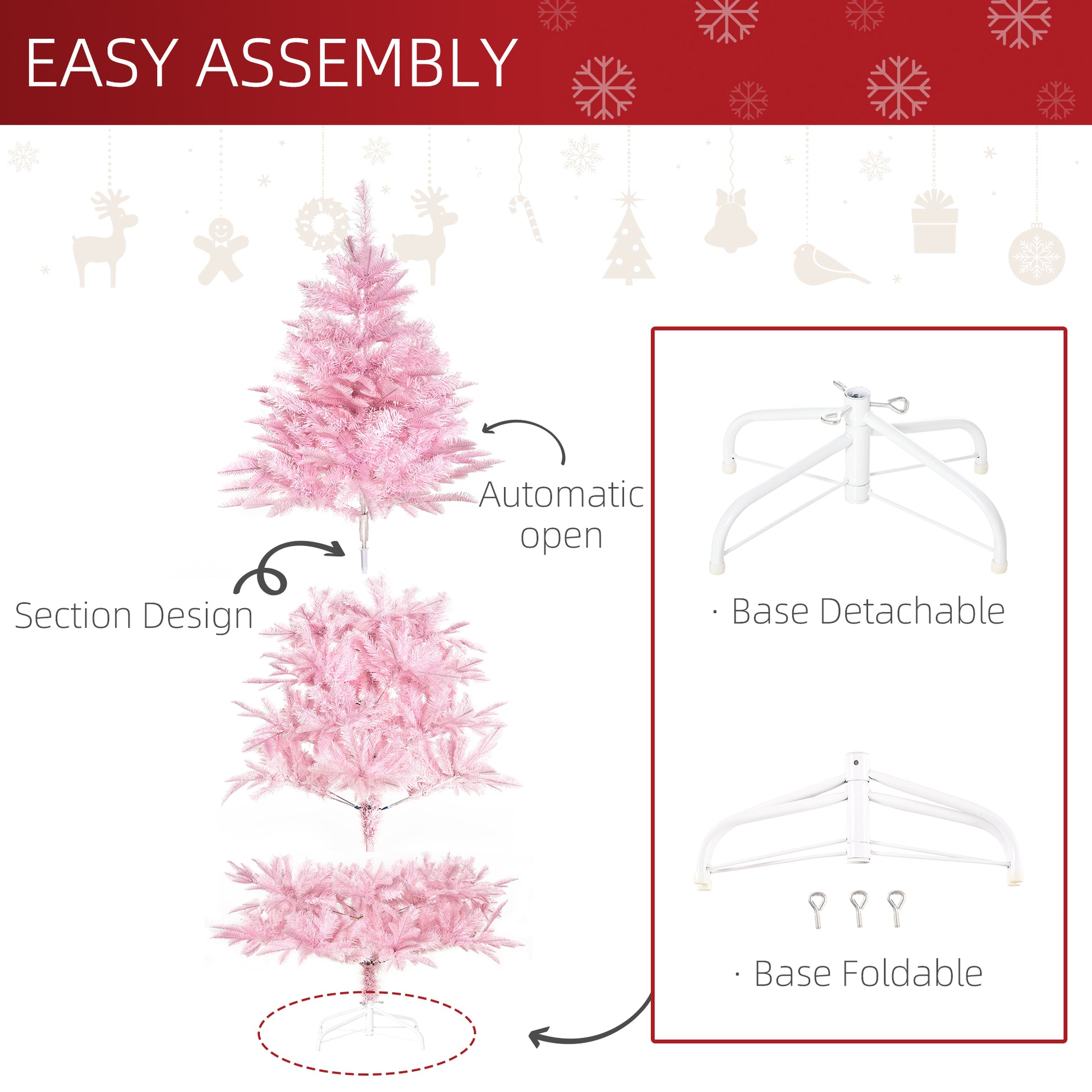 HOMCOM 6FT Pop-up Artificial Christmas Tree Holiday Xmas Holiday Tree Decoration with Automatic Open for Home Party, Pink