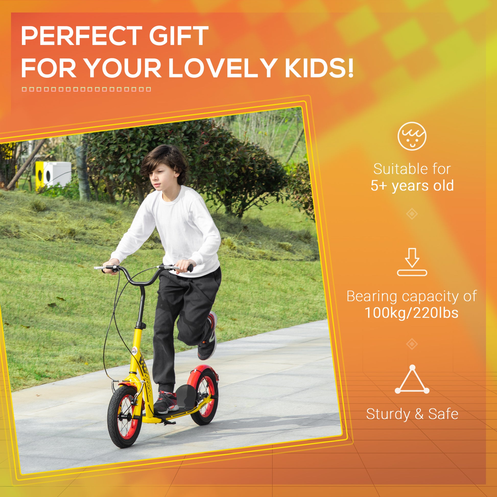 HOMCOM Kids Kick Scooter, w/ Adjustable Height, Front Rear Dual Brakes, 12 Inch Inflatable Rubber Wheels, for Ages 5+ Years - Yellow