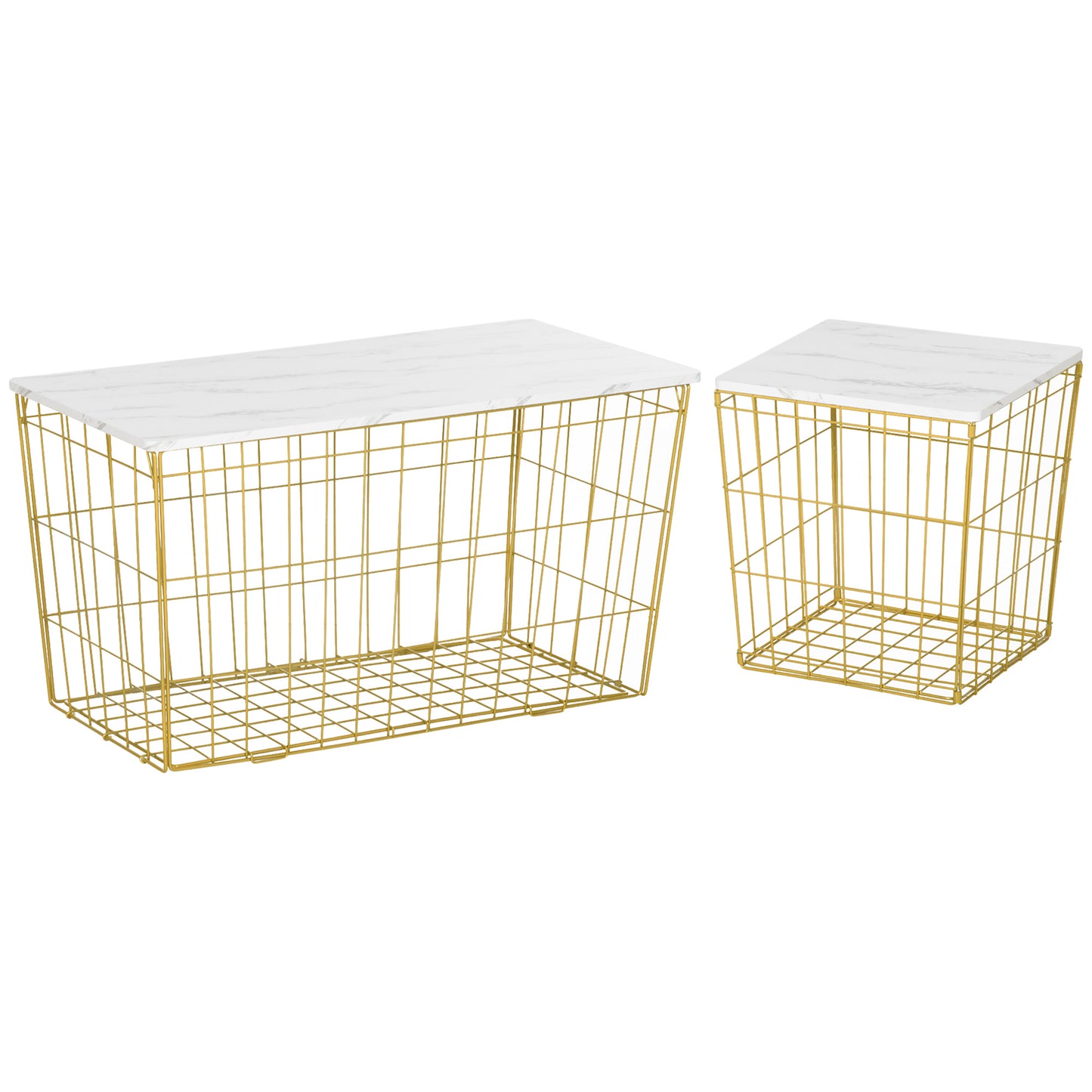 HOMCOM Side Table Set of 2 with Wire Storage Basket, End Tables Coffee Tables with Faux Marble Top for Living Room Bedroom, White and Gold