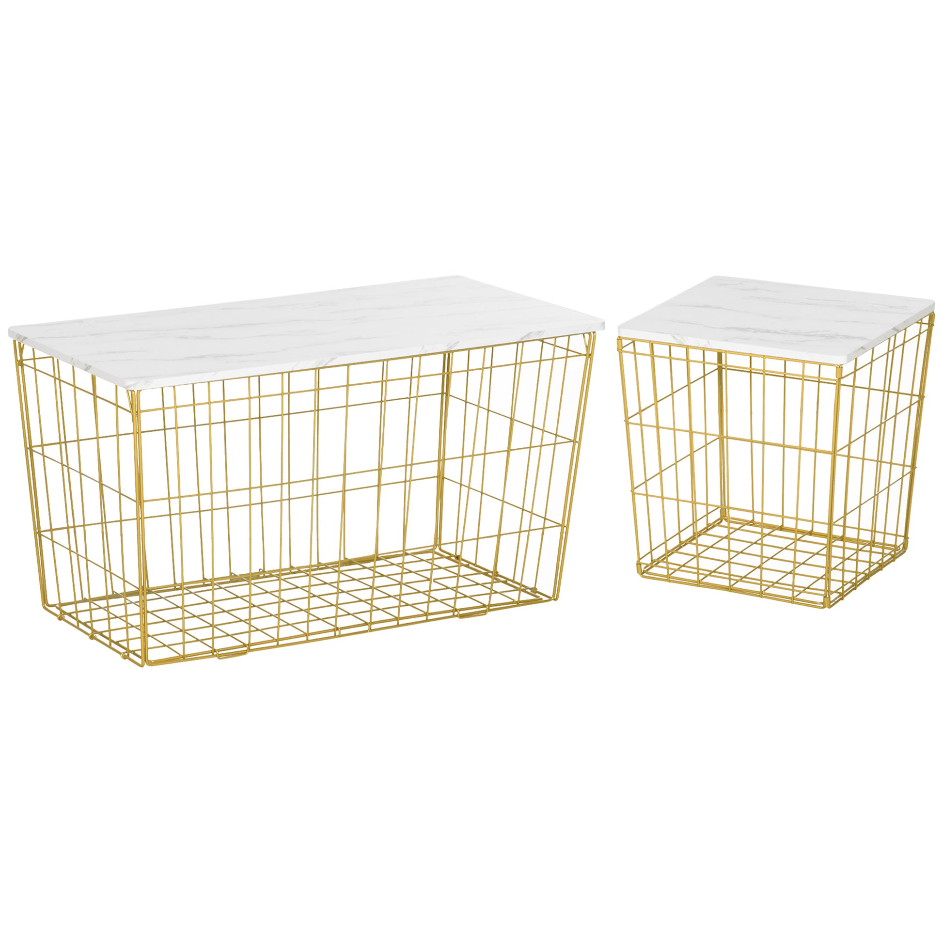 HOMCOM Side Table Set of 2 with Wire Storage Basket, End Tables Coffee Tables with Faux Marble Top for Living Room Bedroom, White and Gold