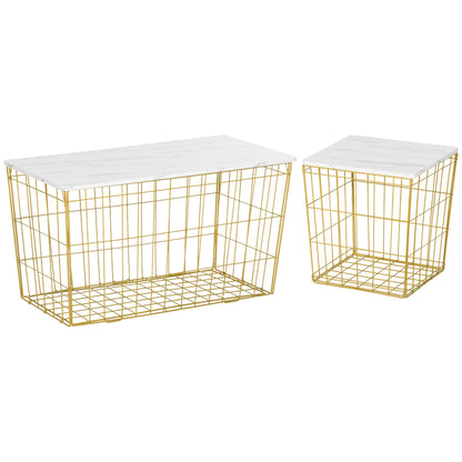 HOMCOM Side Table Set of 2 with Wire Storage Basket, End Tables Coffee Tables with Faux Marble Top for Living Room Bedroom, White and Gold