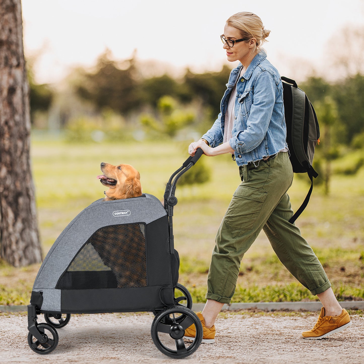 Foldable Pet Stroller with Front Door and Skylight for Medium Large Dogs-Grey