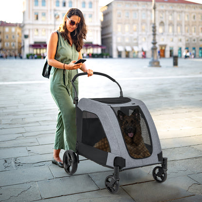 Foldable Pet Stroller with Front Door and Skylight for Medium Large Dogs-Grey