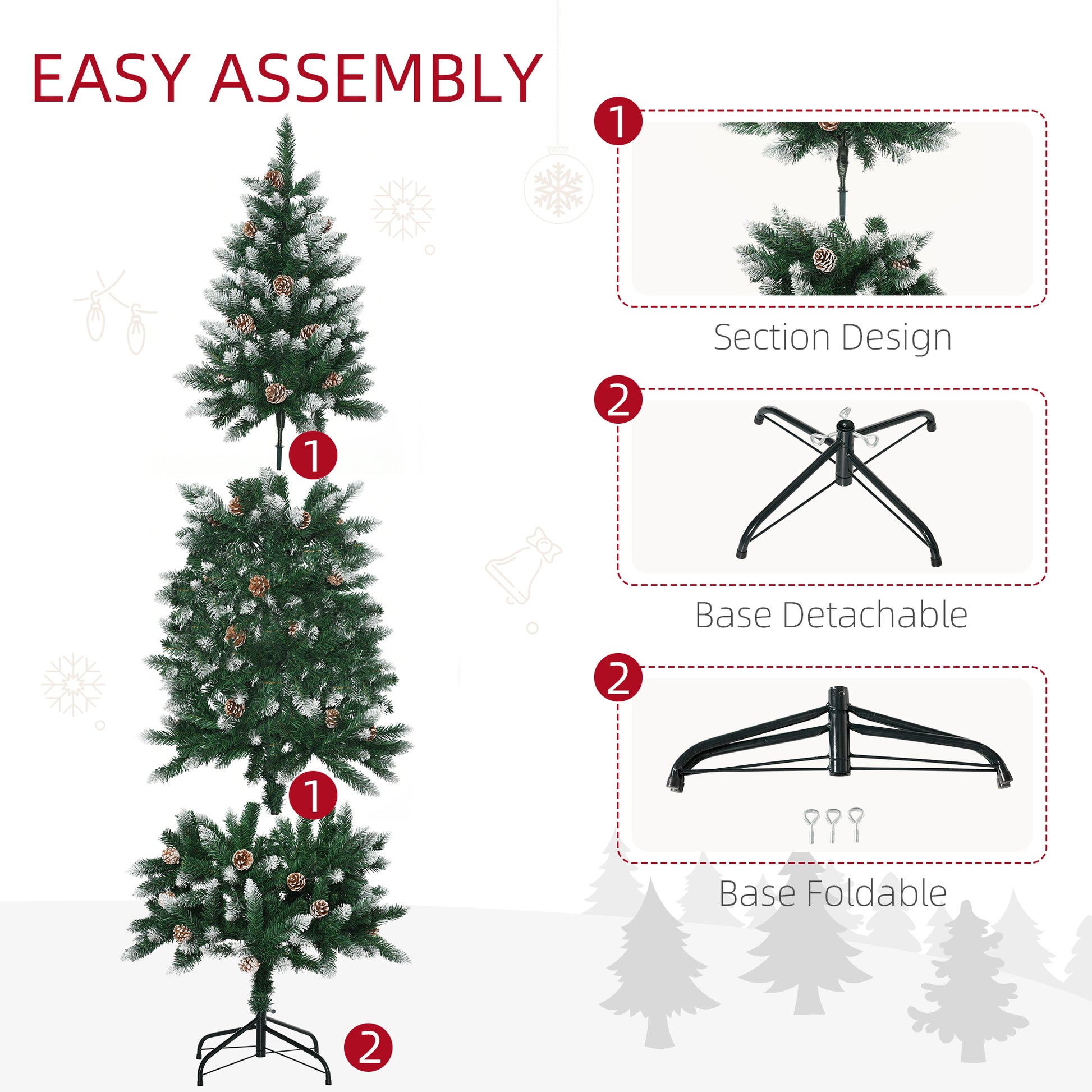 HOMCOM 6 Foot Snow Artificial Christmas Tree with Realistic Branches, Pine Cone, for Indoor Decoration, Green White