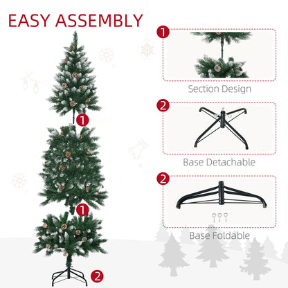 HOMCOM 6 Foot Snow Artificial Christmas Tree with Realistic Branches, Pine Cone, for Indoor Decoration, Green White