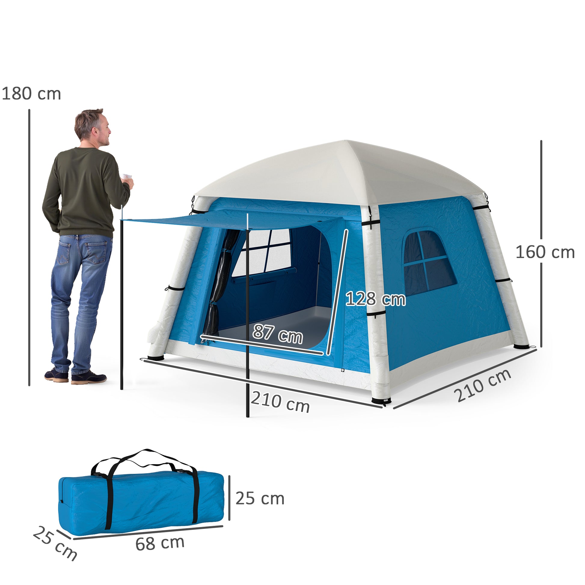 Outsunny Inflatable Camping Tent w/ Hand Pump, Easy Setup 1/2 Person Blow Up Tent Waterproof 190T Taffeta w/ Mesh Windows, Doors and Carry Bag, Light Blue