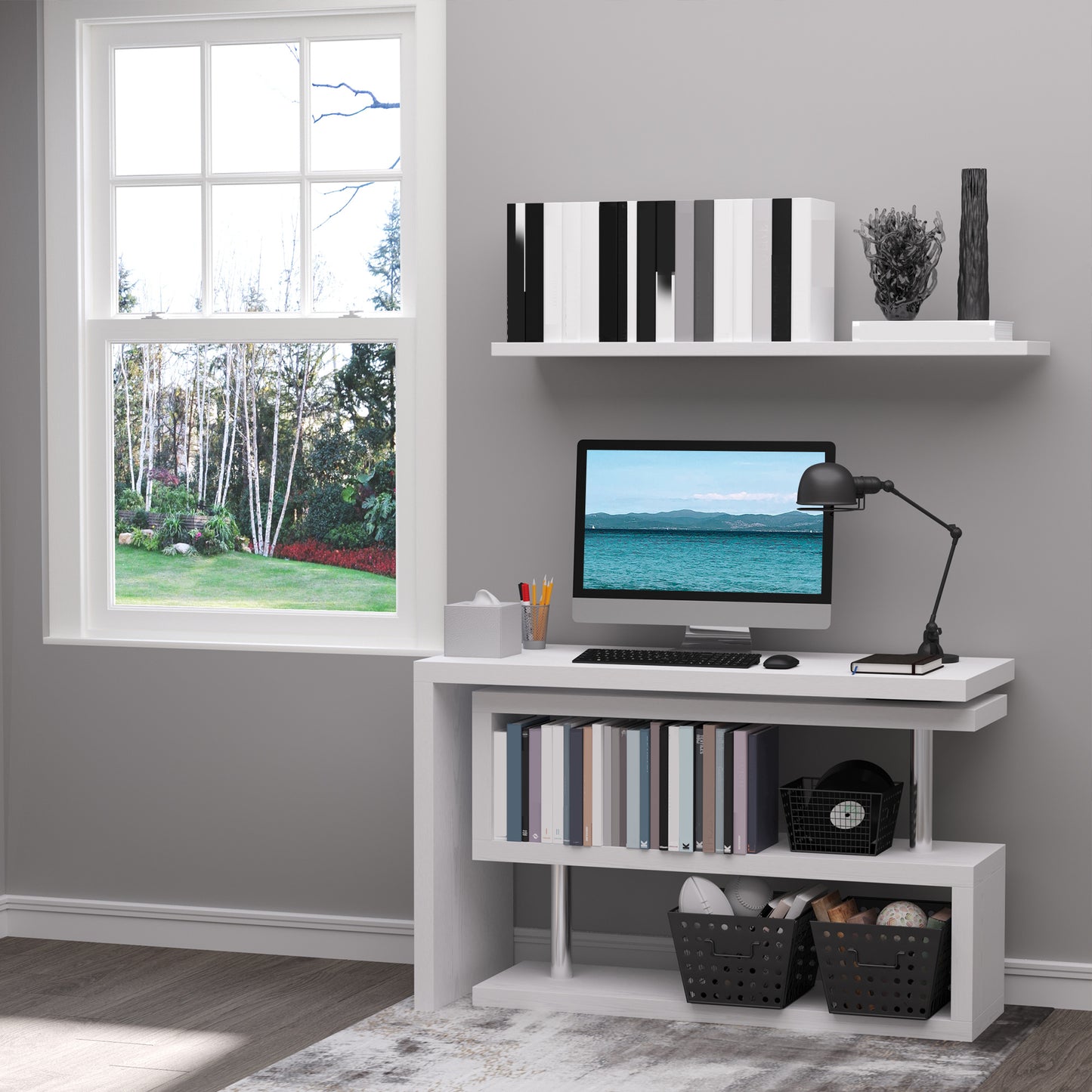 HOMCOM 360° Rotating L-Shaped Corner Computer Desk Home Office Writing Table Swivel Workstation with Storage Shelf, White