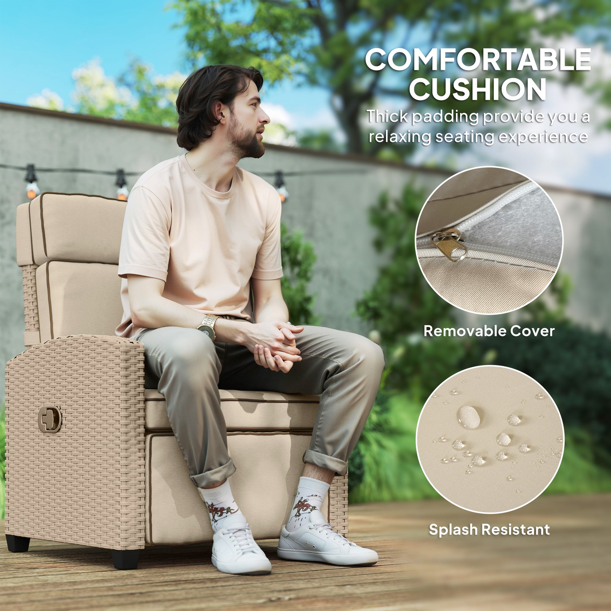 Outsunny 145° Reclining Rattan Armchair, with Footrest - Khaki/Beige