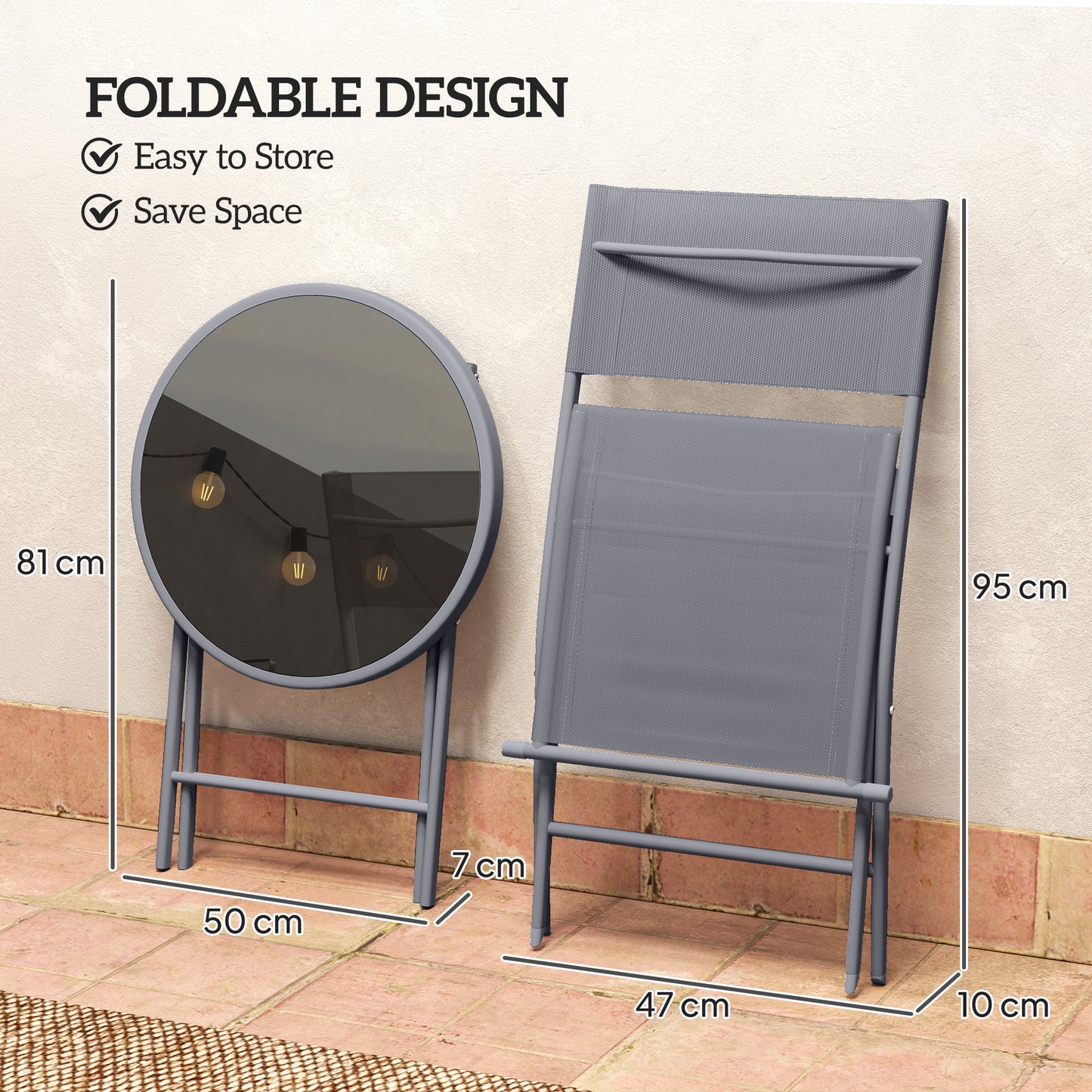 Outsunny 3 Pieces Outdoor Bistro Set, Glass Top Outdoor Table and 2 Folding Chairs with Protecting Feet, Grey