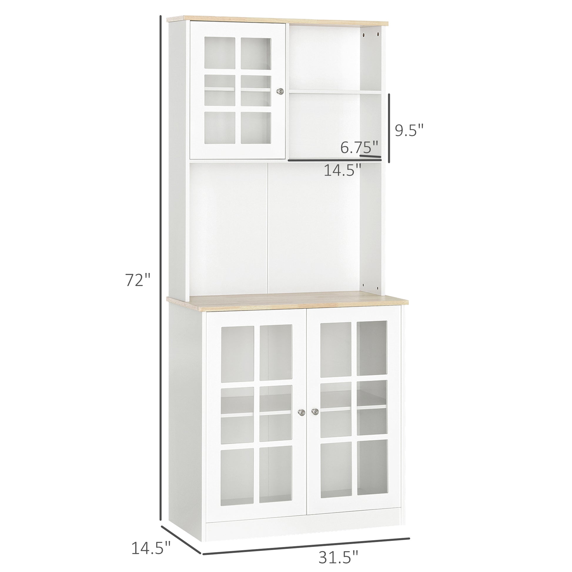 HOMCOM Kitchen Cupboard  Sideboard Storage Cabinet Unit w/ Counter Top Grid Glass Doors Shelves  80L x 37W x 183H cm - White
