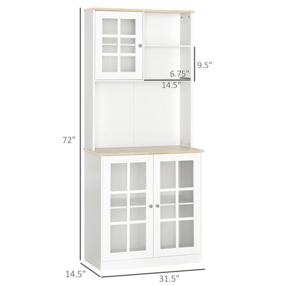 HOMCOM Kitchen Cupboard  Sideboard Storage Cabinet Unit w/ Counter Top Grid Glass Doors Shelves  80L x 37W x 183H cm - White