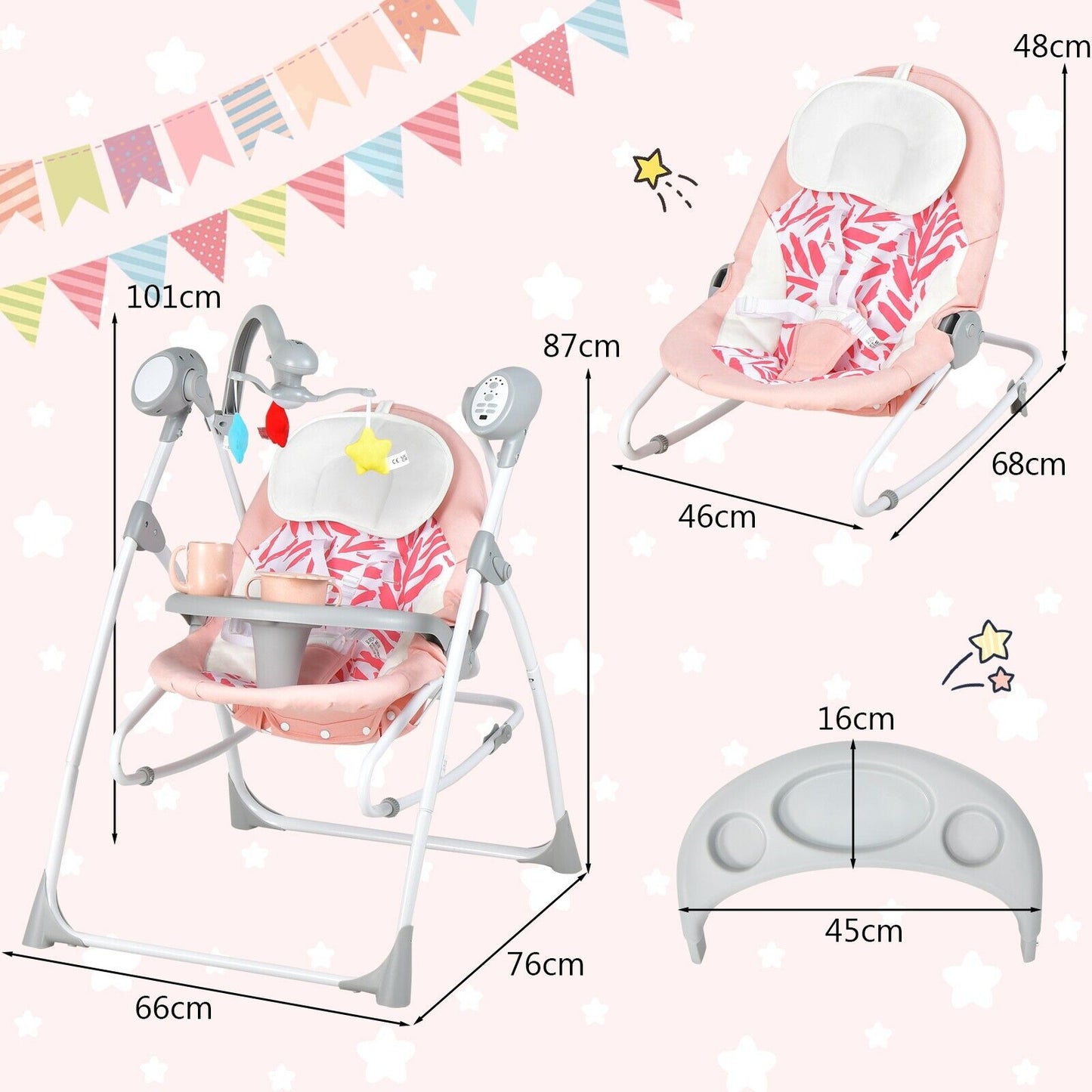 Portable 2-in-1 Baby Swing with 3 Swing Speed and 3 Timer Settings-Pink