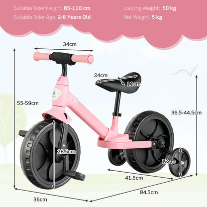 4-in-1 Kids Training Balance Bike with Training Wheels-Pink