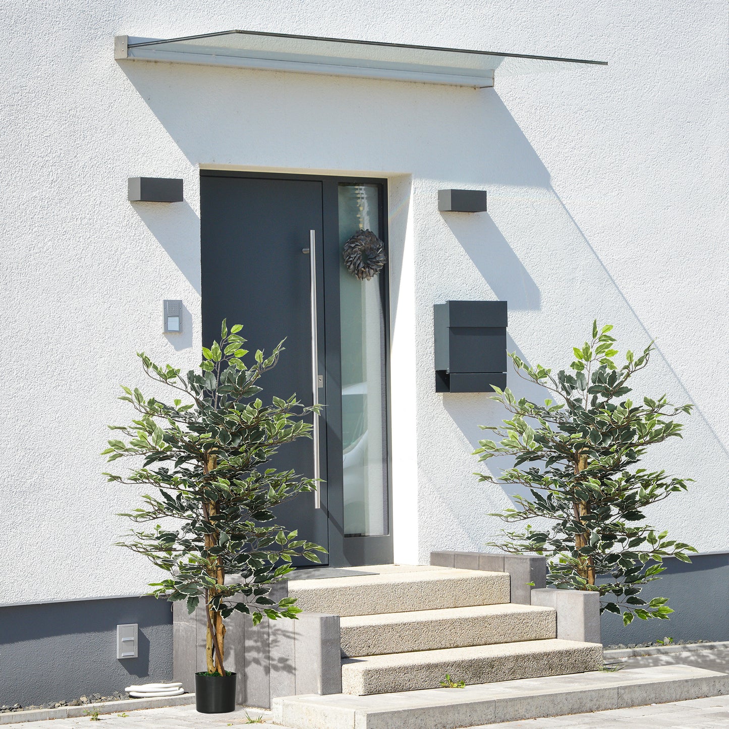 HOMCOM Artificial Ficus Tree in Pot, 130cm Tall Fake Plant with Lifelike Leaves and Natural Trunks, for Indoor Outdoor, Set of 2, Green