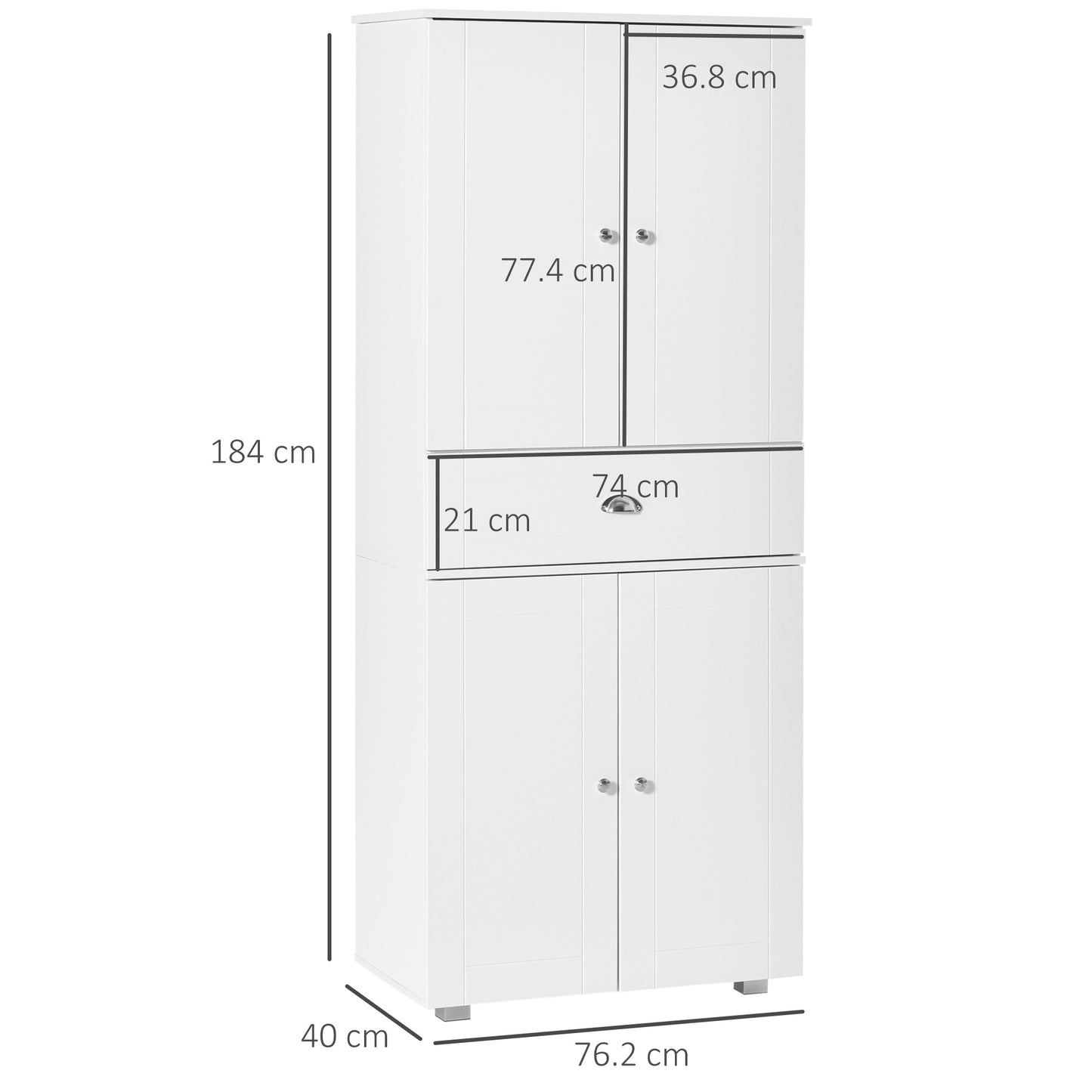 HOMCOM Freestanding Tall Kitchen Cupboard Storage Cabinets with Drawer and 3 Adjustable Shelves for Dining Room, Living Room, White