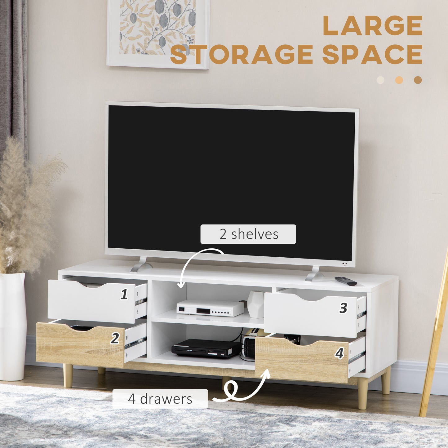 HOMCOM Modern TV Stand Unit for TVs up to 55" with Storage Shelves and Drawers, 120cmx40cmx44.5cm, White and Natural