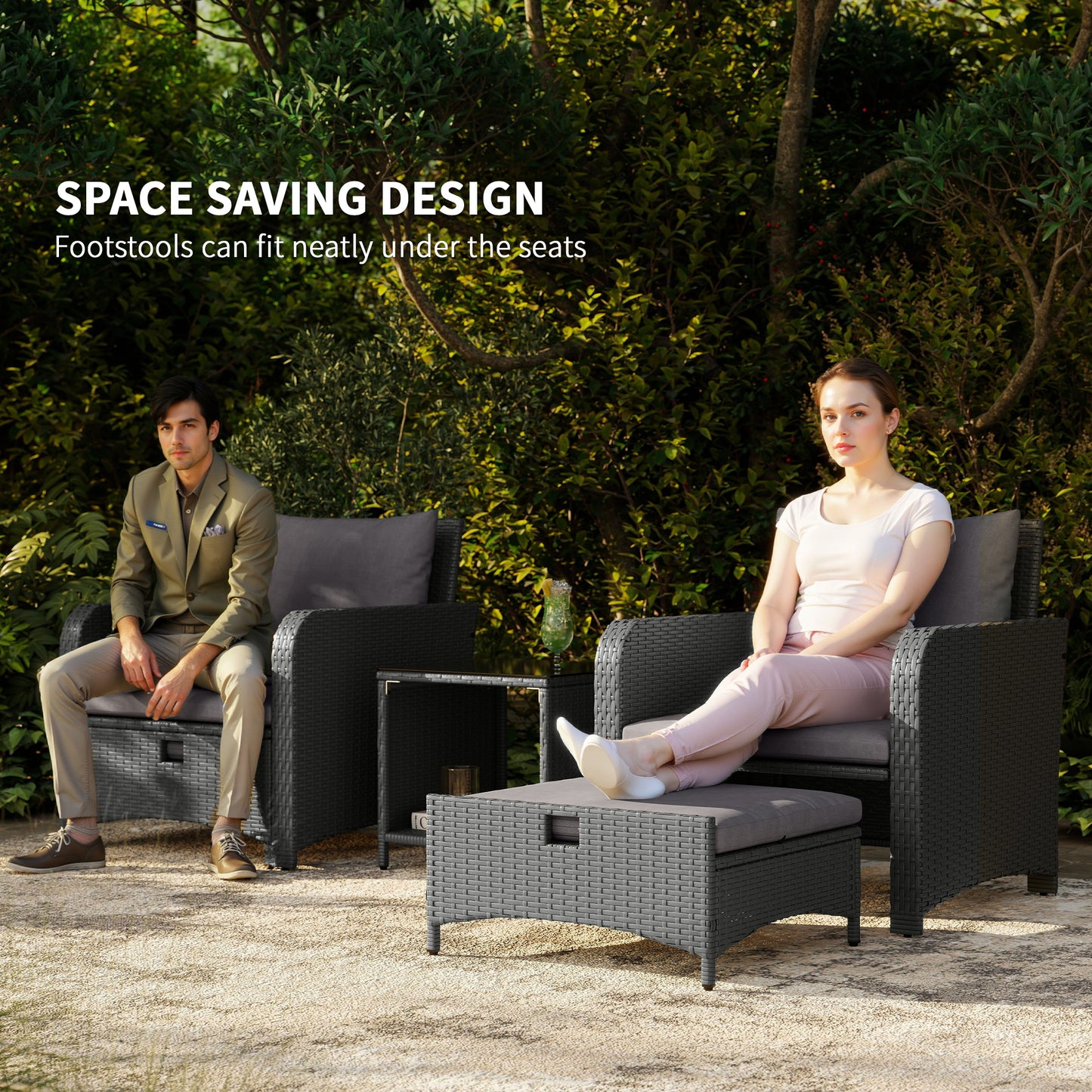 Outsunny Five Piece Rattan Garden Furniture Set with 2-Tier Coffee Table and Ottomans - Grey